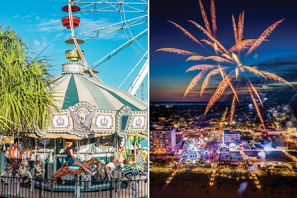 The vintage carousel and nighttime fireworks at Carolina Beach 