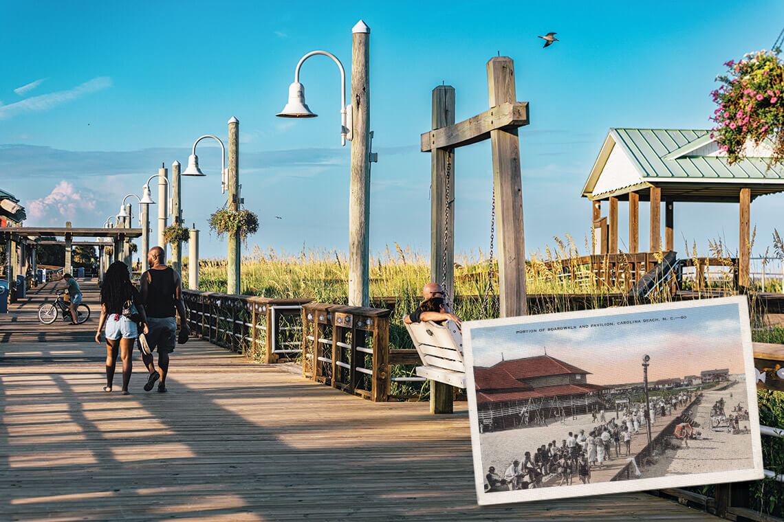 People stroll on the Carolina Beach Boardwalk and an old postcard depicts its past.
