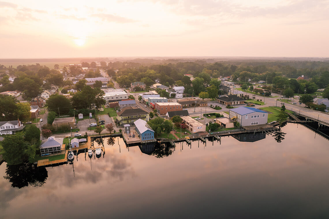 Overhead view of downtown Columbia and the Scuppernong River
