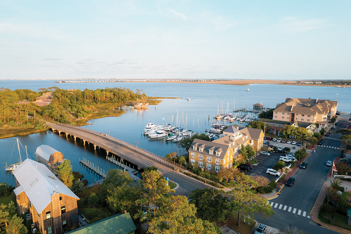 Overhead view of Downtown Manteo and the Cora Mae Basnight Bridge
