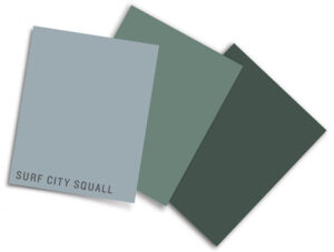 Pantone paint color cards in shades of green-blue