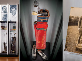 Regalia in the World Golf Hall of Fame in Pinehurst, including images of golfers, a golf bag, and Richard Tufts as a boy