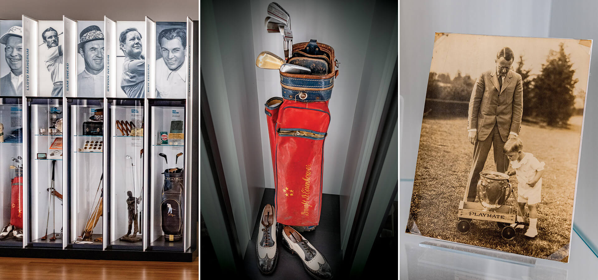Regalia in the World Golf Hall of Fame in Pinehurst, including images of golfers, a golf bag, and Richard Tufts as a boy