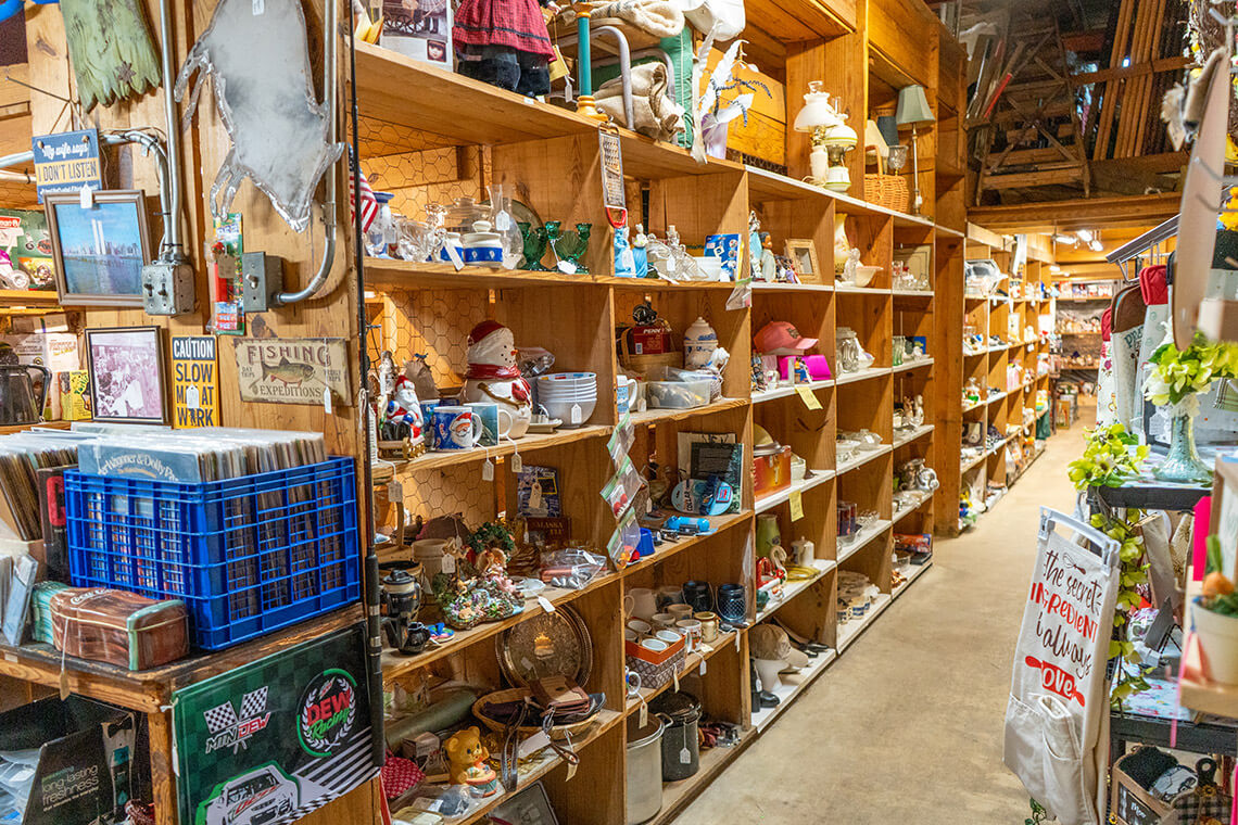 Shelves of antiques inside Red Wagon Market