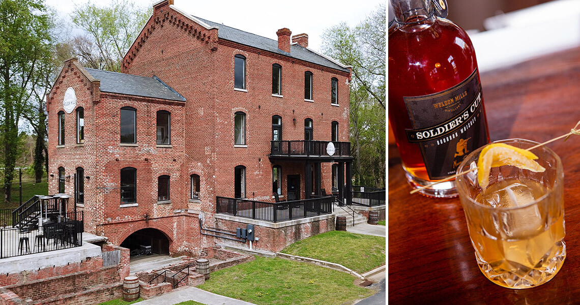 The exterior of Weldon Mills Distillery and a bottle of their Soldier Cut bourbon