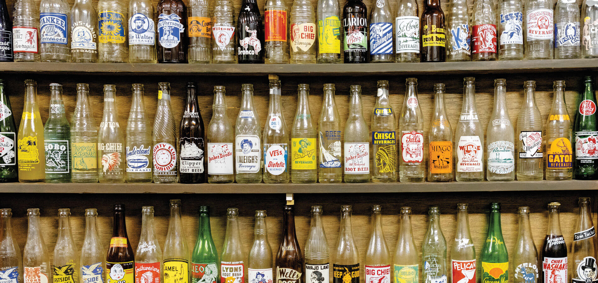Shelves of vintage glass bottles