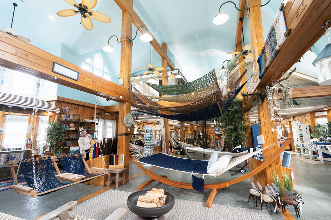 Interior of Nags Head Hammocks Shop in Duck, NC, with lots of hammocks on display