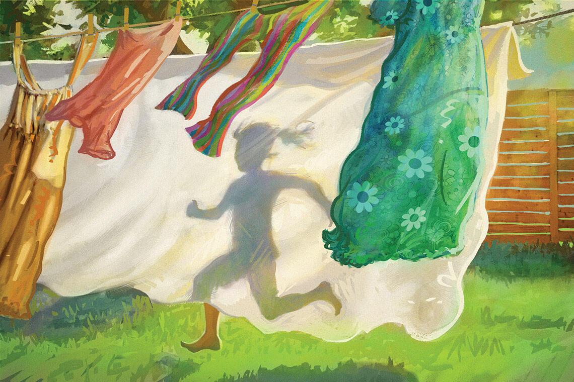 Illustration of child running between clothes drying on the line