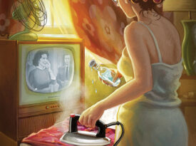 Illustration of a woman ironing clothes