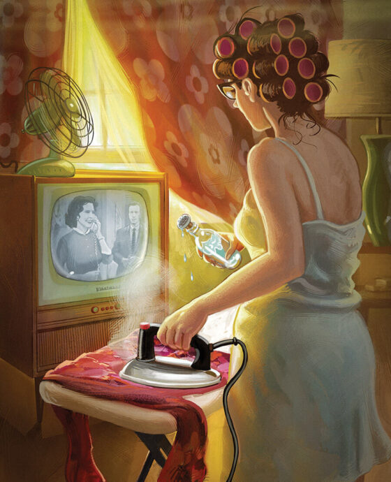 Illustration of a woman ironing clothes