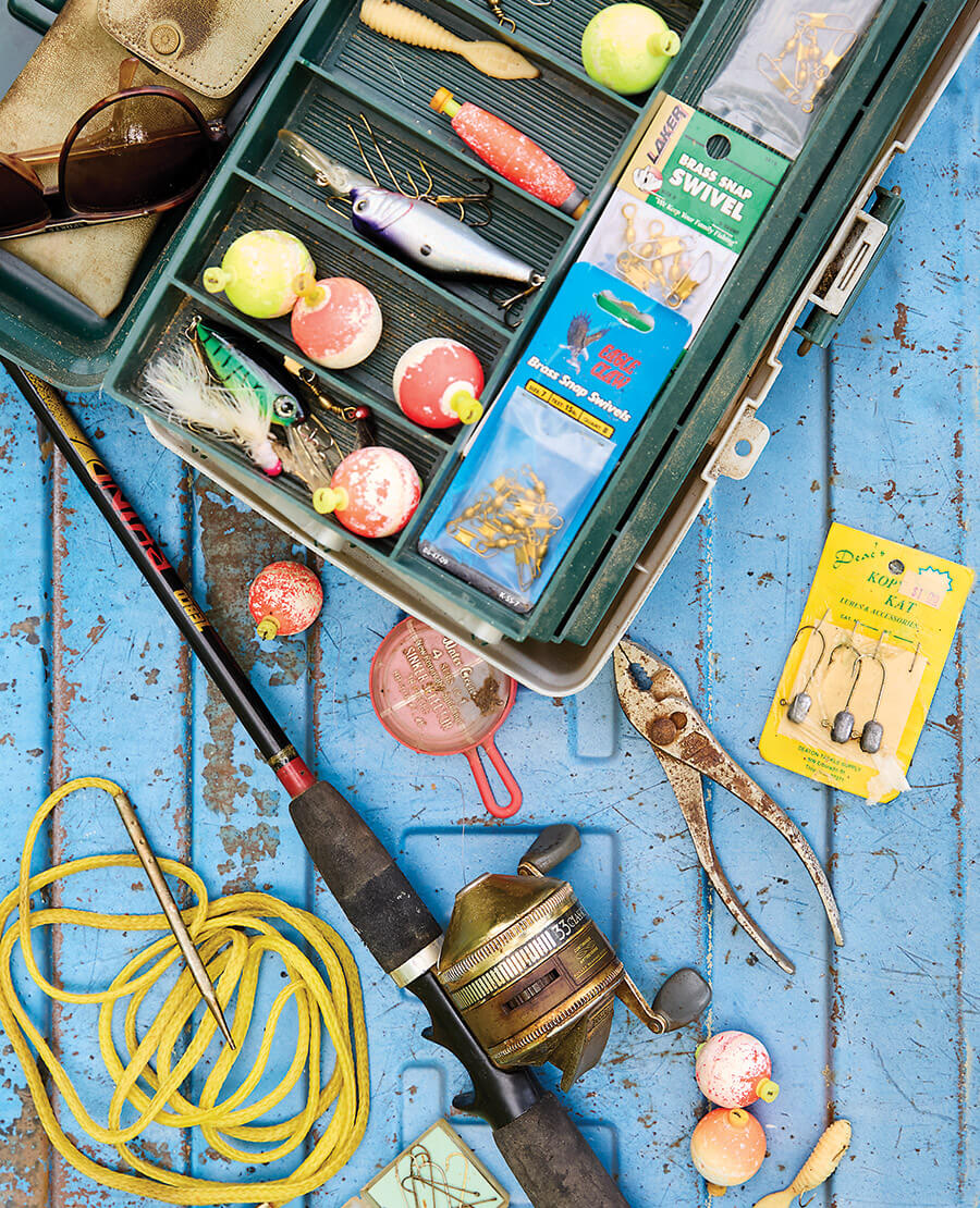 Rod, reel, and tackle from the writer's childhood fishing adventures