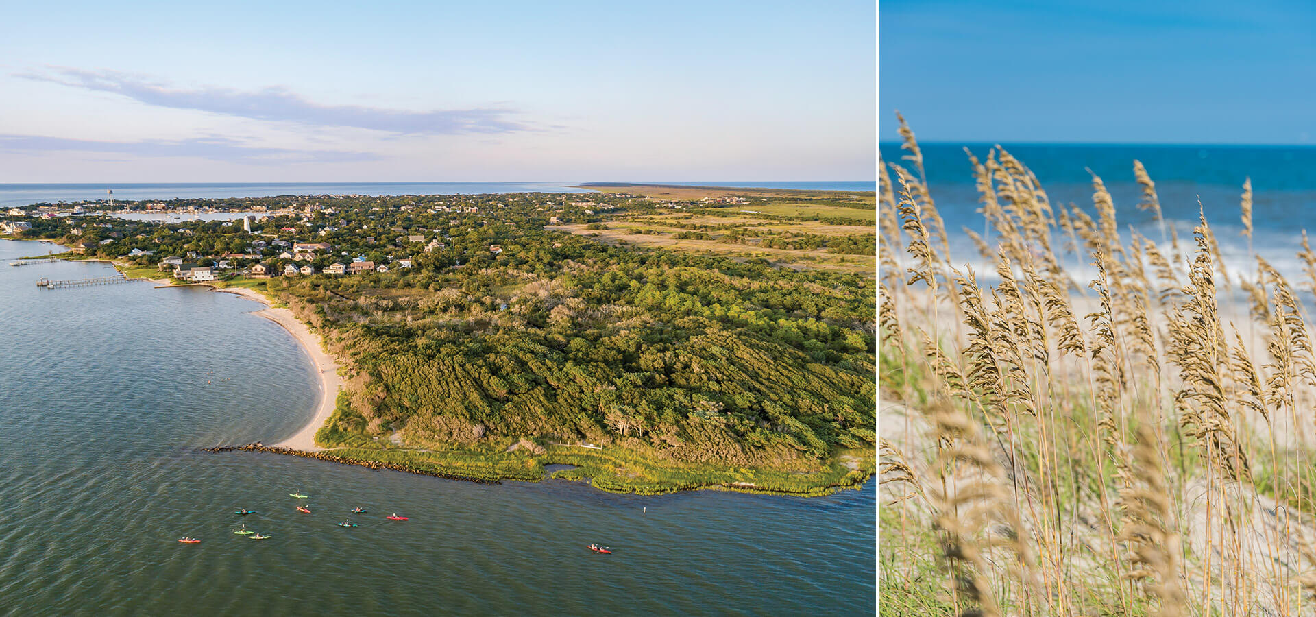 Kayakers paddling around Ocracoke Island, the beach.