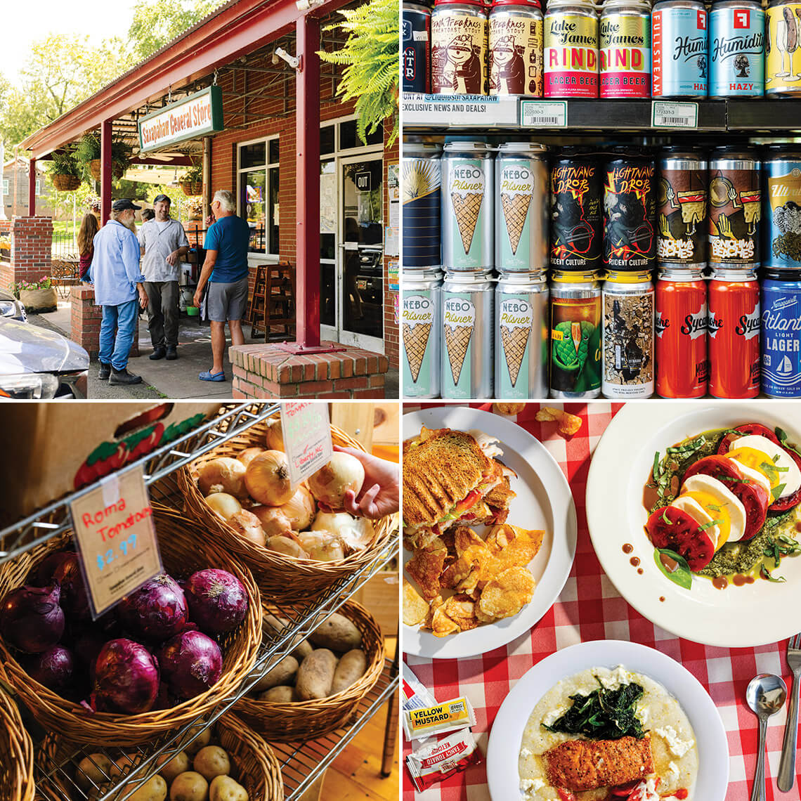 Scenes from Saxapahaw General Store, including owner Jeff Barney, refrigerator of beers, and plates of food. 