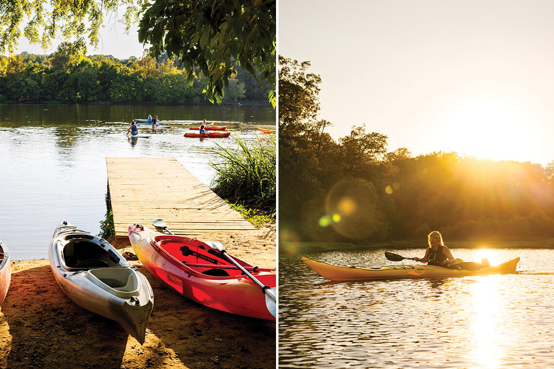 Kayaks on the shore of the Haw River and kayaker at Sunset