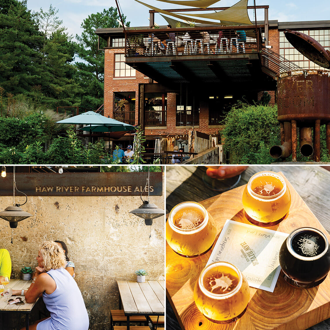 Exterior of Haw River Farmhouse Ales, patrons at tables, and beer flights. 