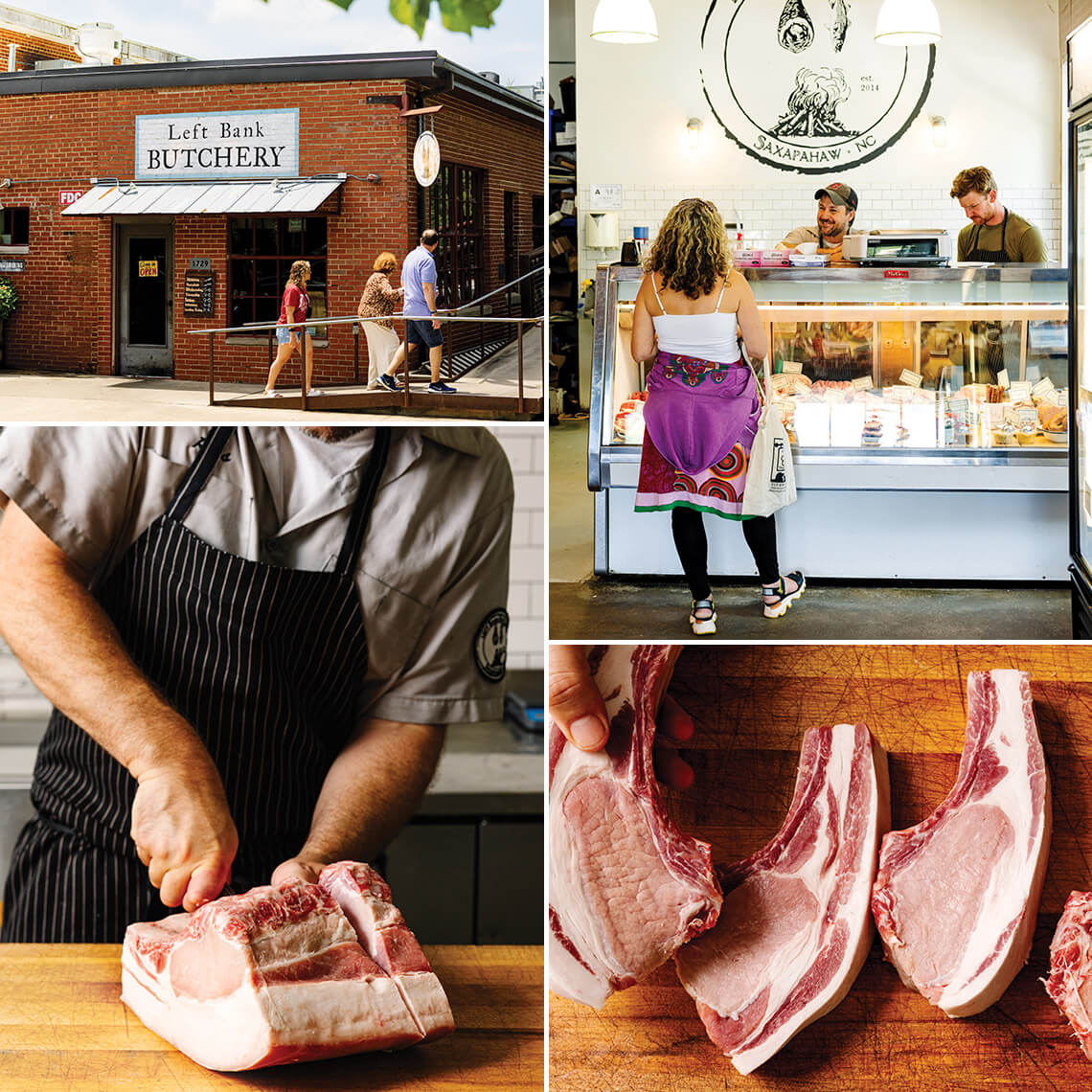 Scenes from Left Bank Butchery, including the building's exterior, customer at the counter, butchering meat