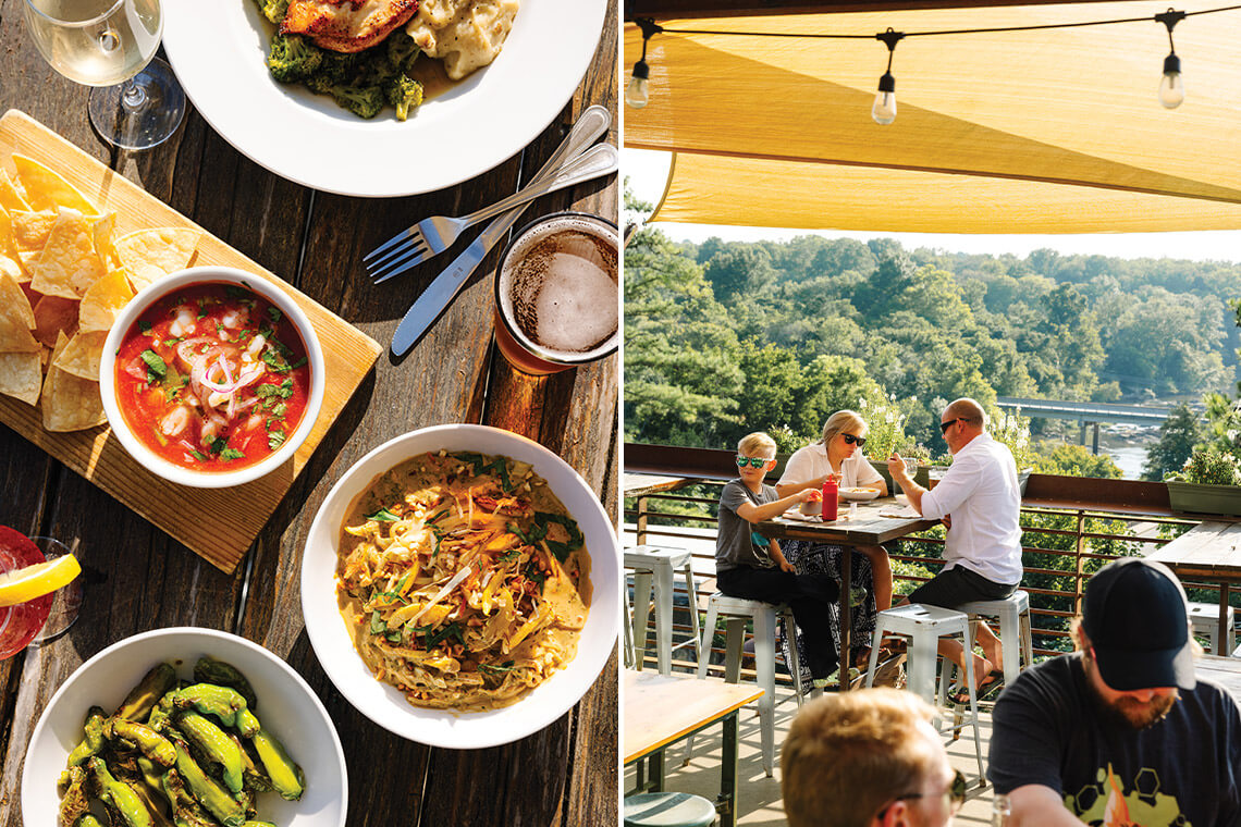 Patrons at The Eddy Pub in Saxapahaw and a table with lots of different dishes