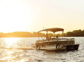 Boat on Lake Norman at sunset