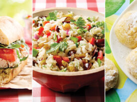 Roasted chicken and pesto sandwich, a rice and vegetable salad, and lemon cloud cookies