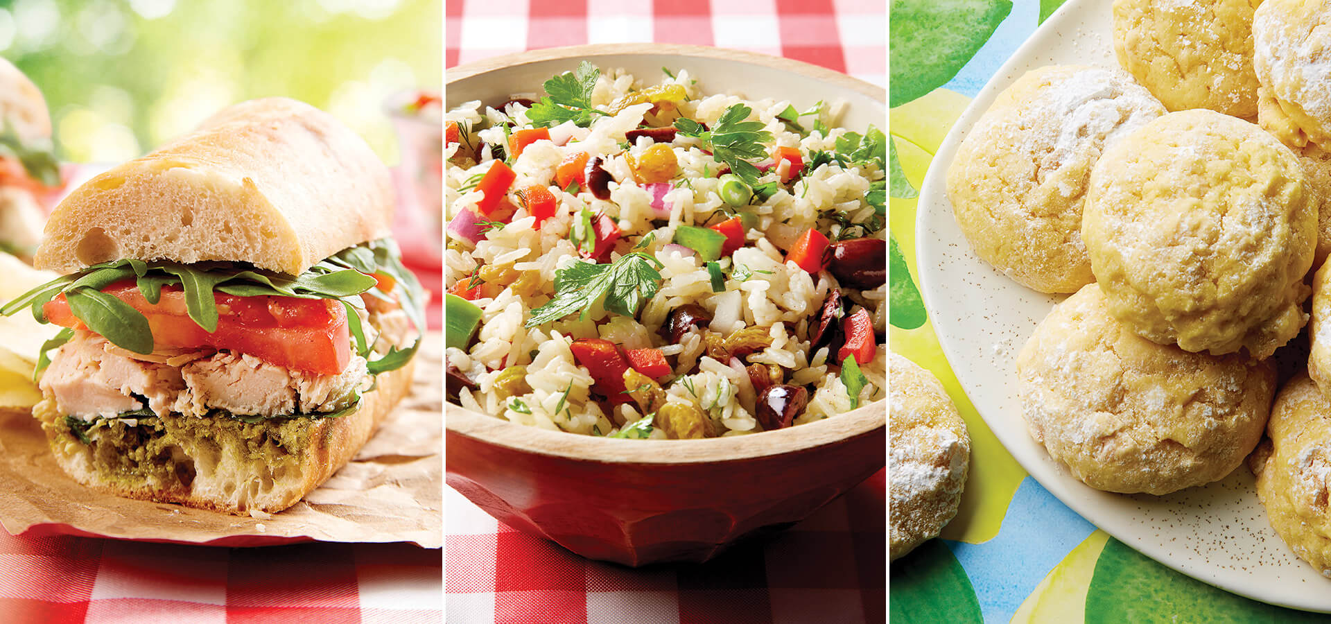 Roasted chicken and pesto sandwich, a rice and vegetable salad, and lemon cloud cookies