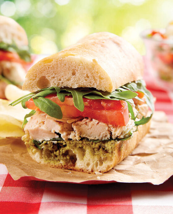 Chicken pesto and tomato sandwich on a picnic table
