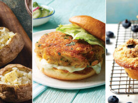 Baked potatoes, crab cake burger, and blueberry muffins