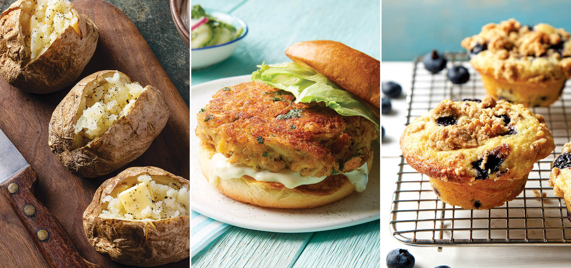 Baked potatoes, crab cake burger, and blueberry muffins