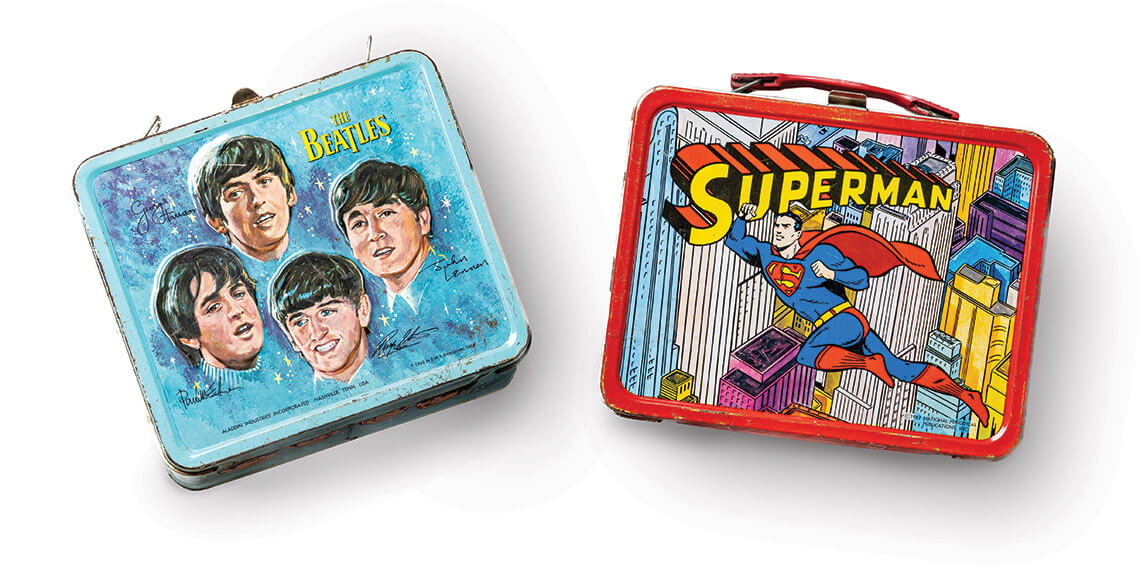 Lunch boxes with The Beatles and Superman