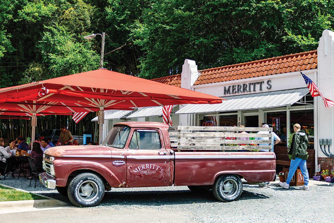 Red truck outside of Merritt's Grill in Chapel Hill