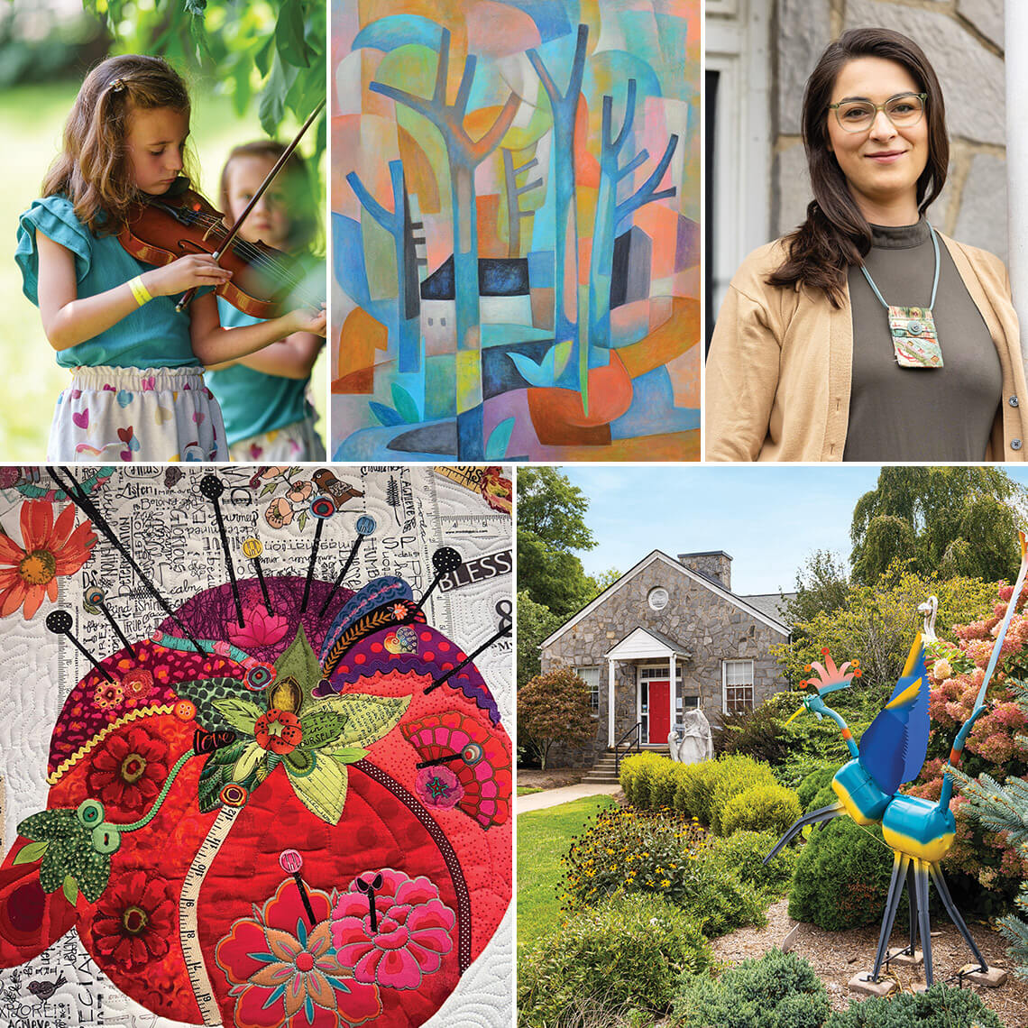 Child playing a fiddle, woven quilts, and the West Jefferson arts council gallery and store