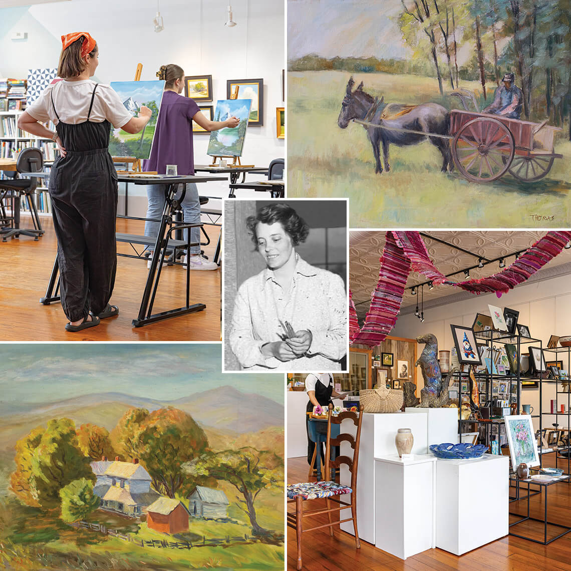 Students painting at the Florence Thomas Art School and paintings by Florence Thomas