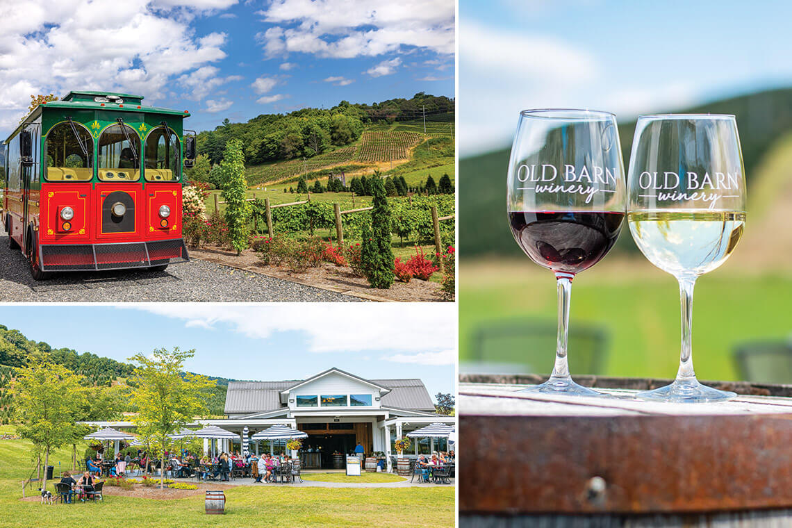 Trolley at Old Barn Winery, glasses of wine at Old Barn Winery, and the winery's terrace