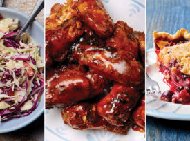 Coleslaw, barbecue wings, and peach and blueberry pie