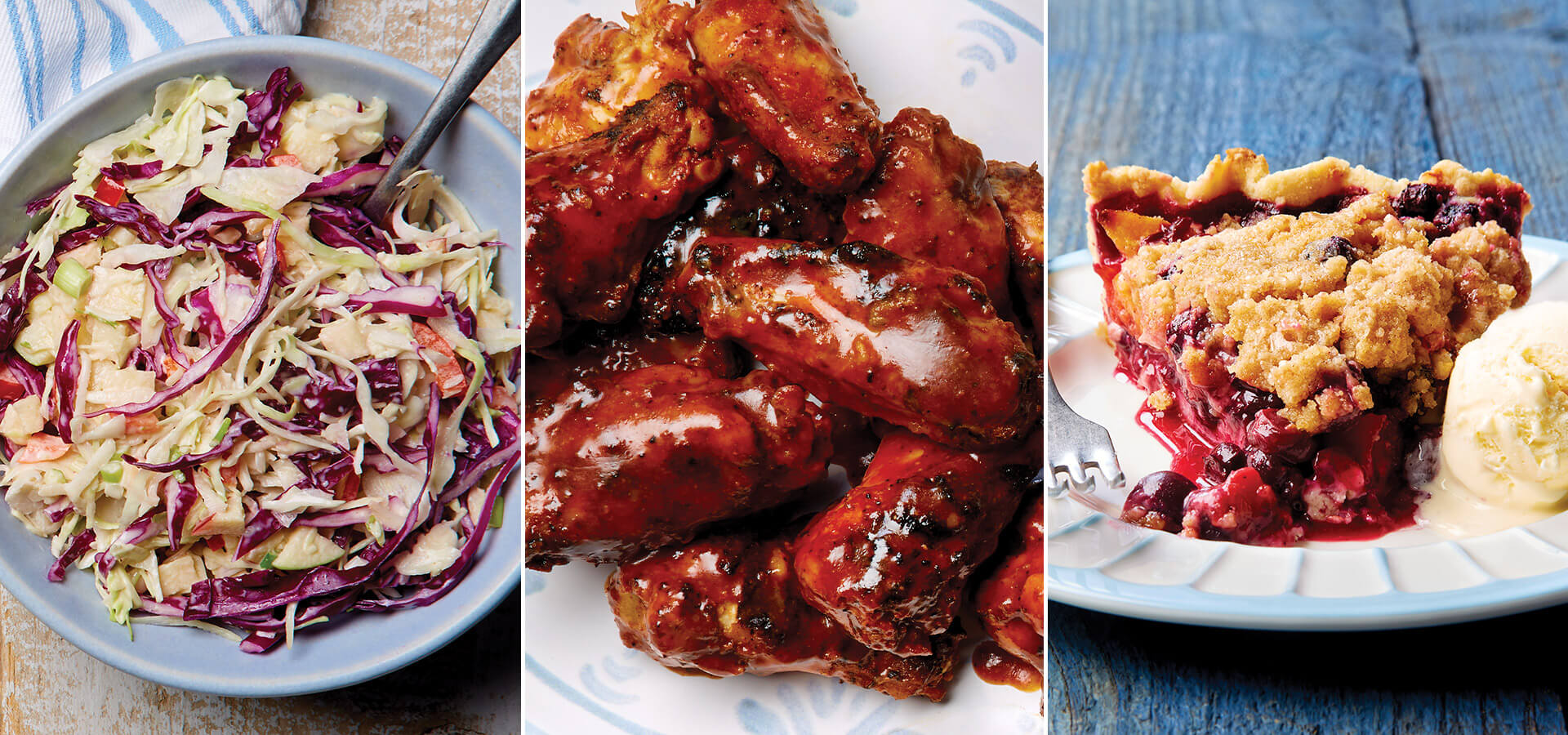 Coleslaw, barbecue wings, and peach and blueberry pie