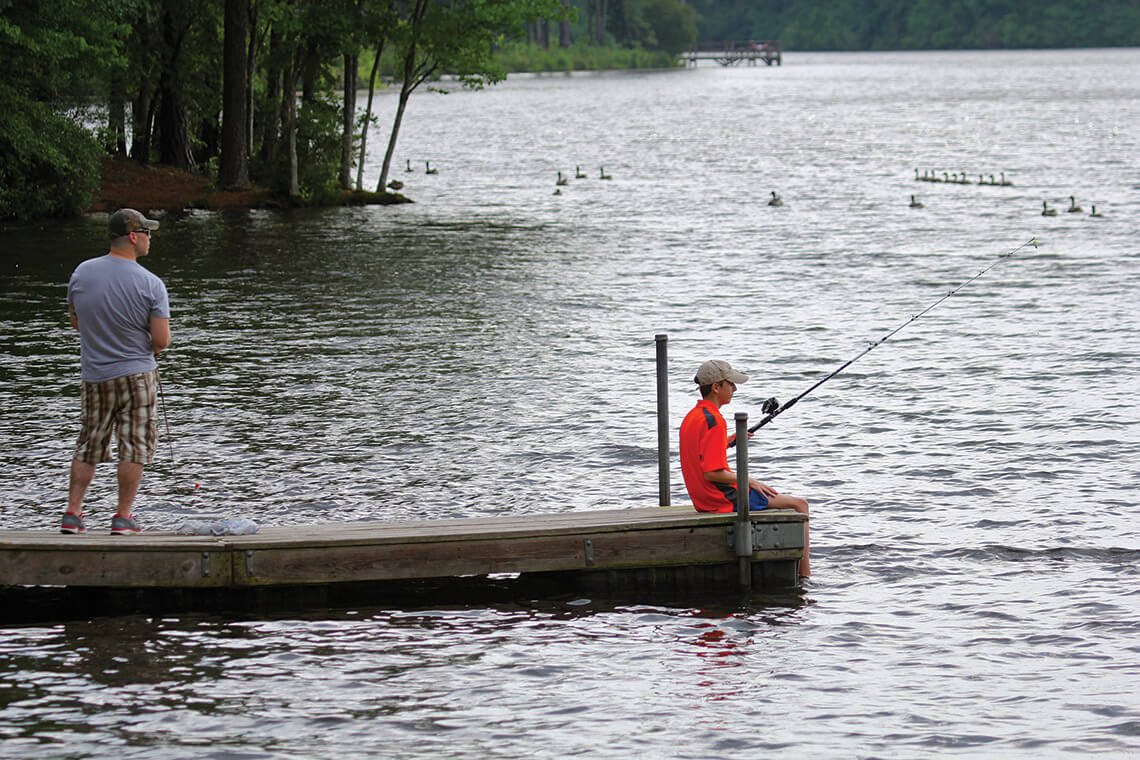 People fishing at Reservoir Park in Southern Pines, NC