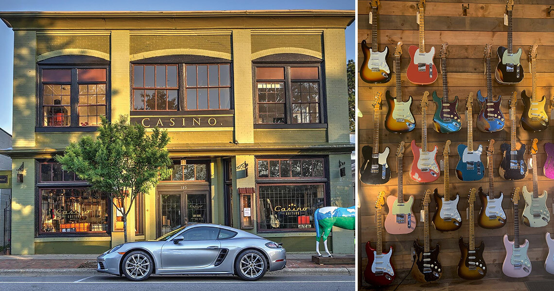 Exterior of Casino Guitars and interior with guitars on the wall