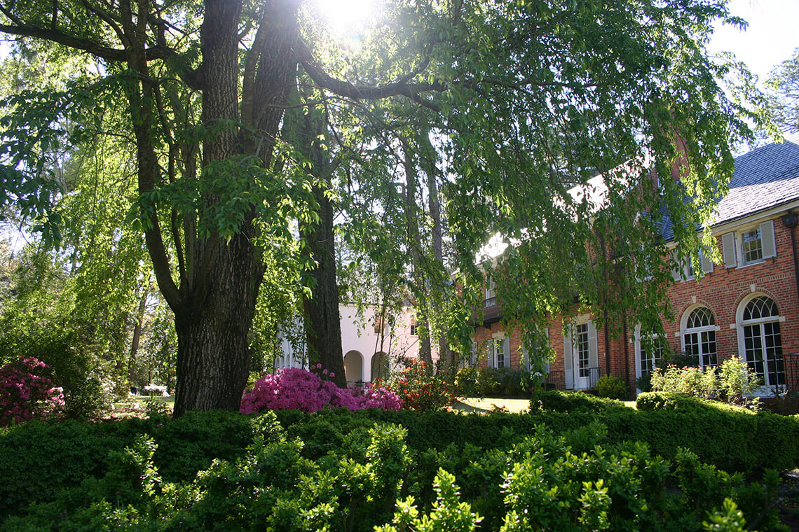 Grounds in bloom at the Weymouth Center for the Arts and Humanities