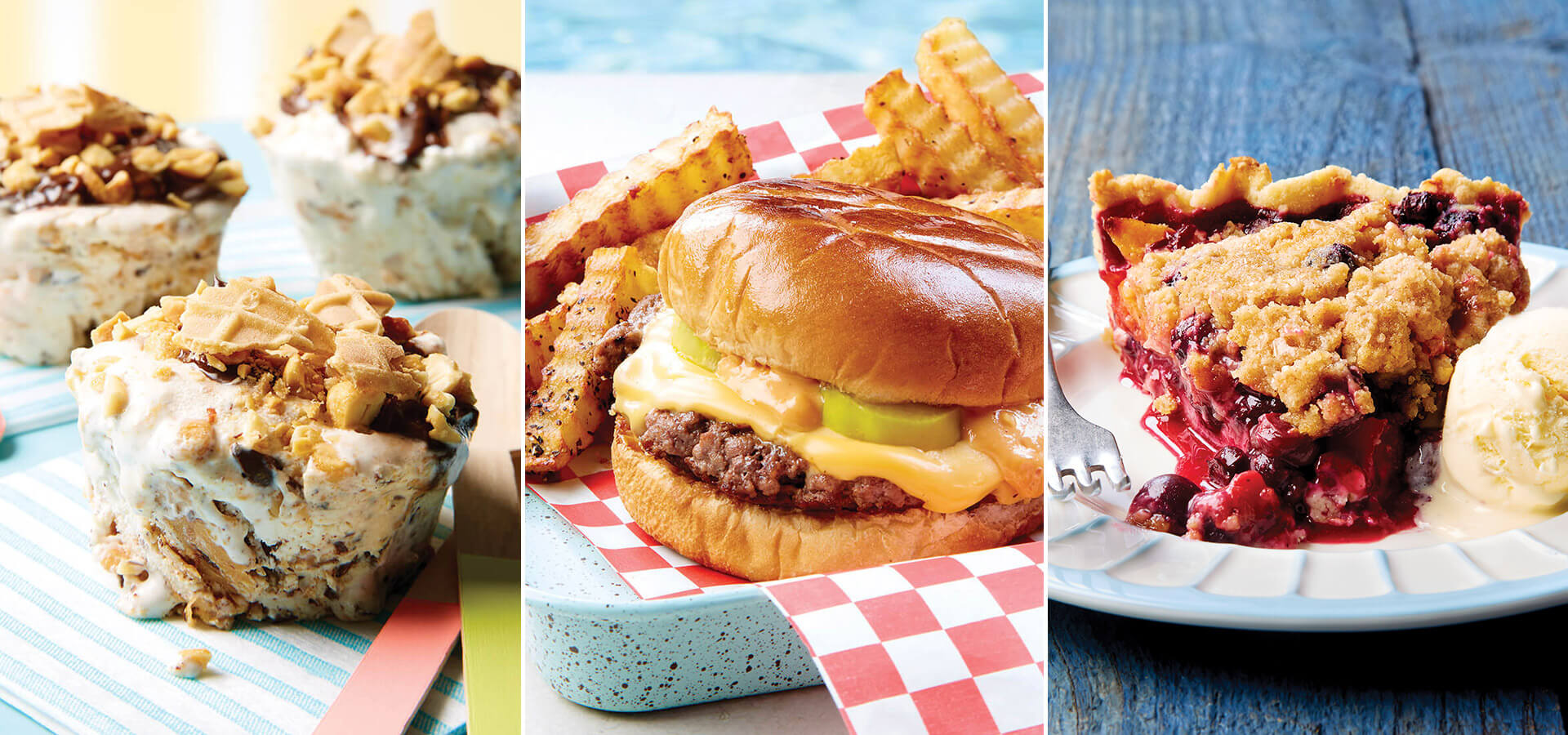 Ice cream-peanut butter cups, smashburger, and blueberry peach pie
