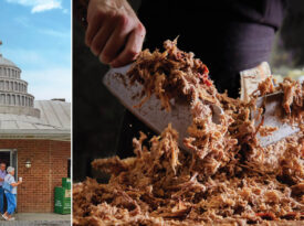 Exterior of Skylight Inn BBQ and hands chopping barbecue