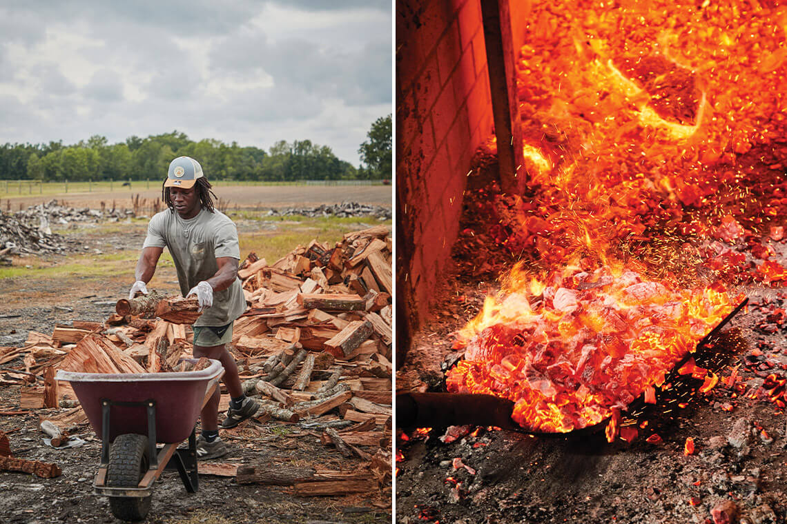 Chopping wood for the smokehouse at Skylight Inn BBQ