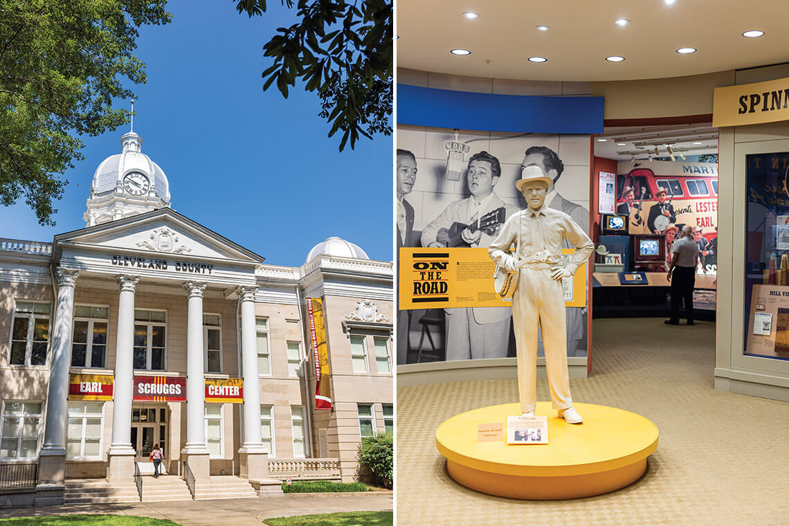 Exterior of the Earl Scruggs Center and a statue of him inside.