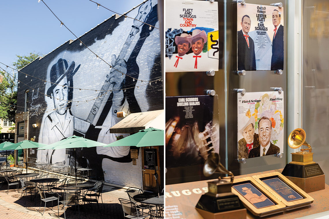 Mural of Earl Scruggs at Newgrass Brewing and the display at the Earl Scruggs Music Center