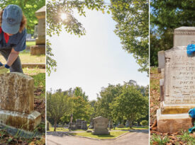 Green Hill Billies volunteers scrubbing clean headstones