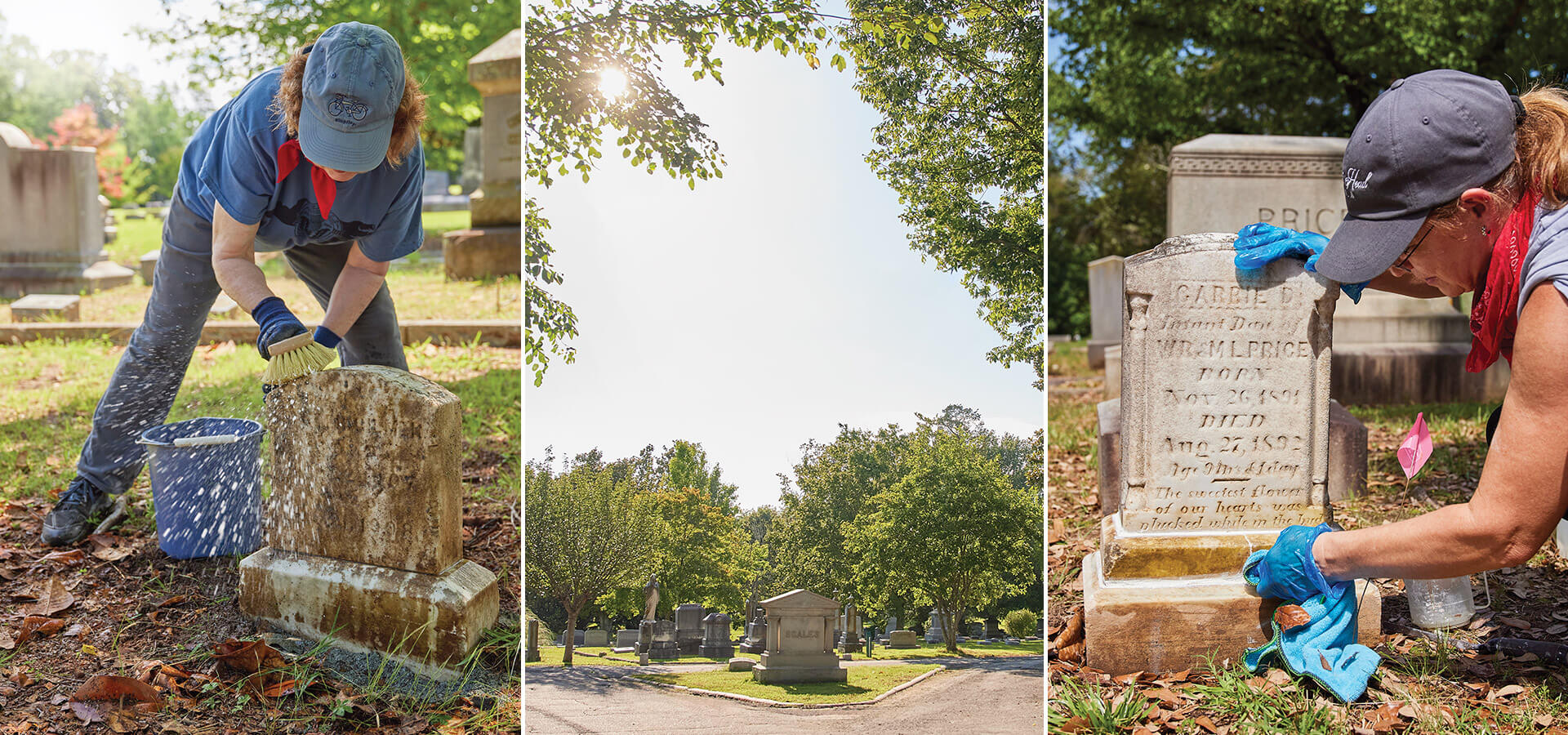 Green Hill Billies volunteers scrubbing clean headstones