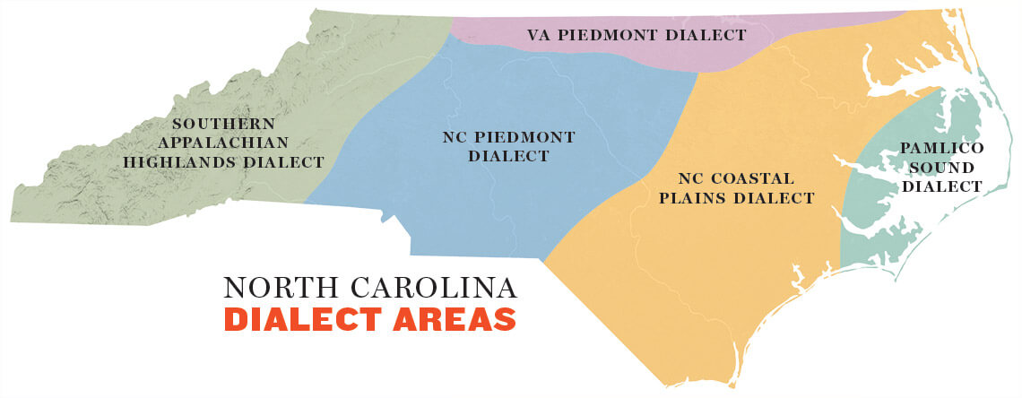 Map of North Carolina with regions broken up by dialect