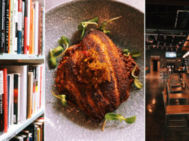 Books, seafood, and interior of Havoc Brewing in Pittsboro, NC