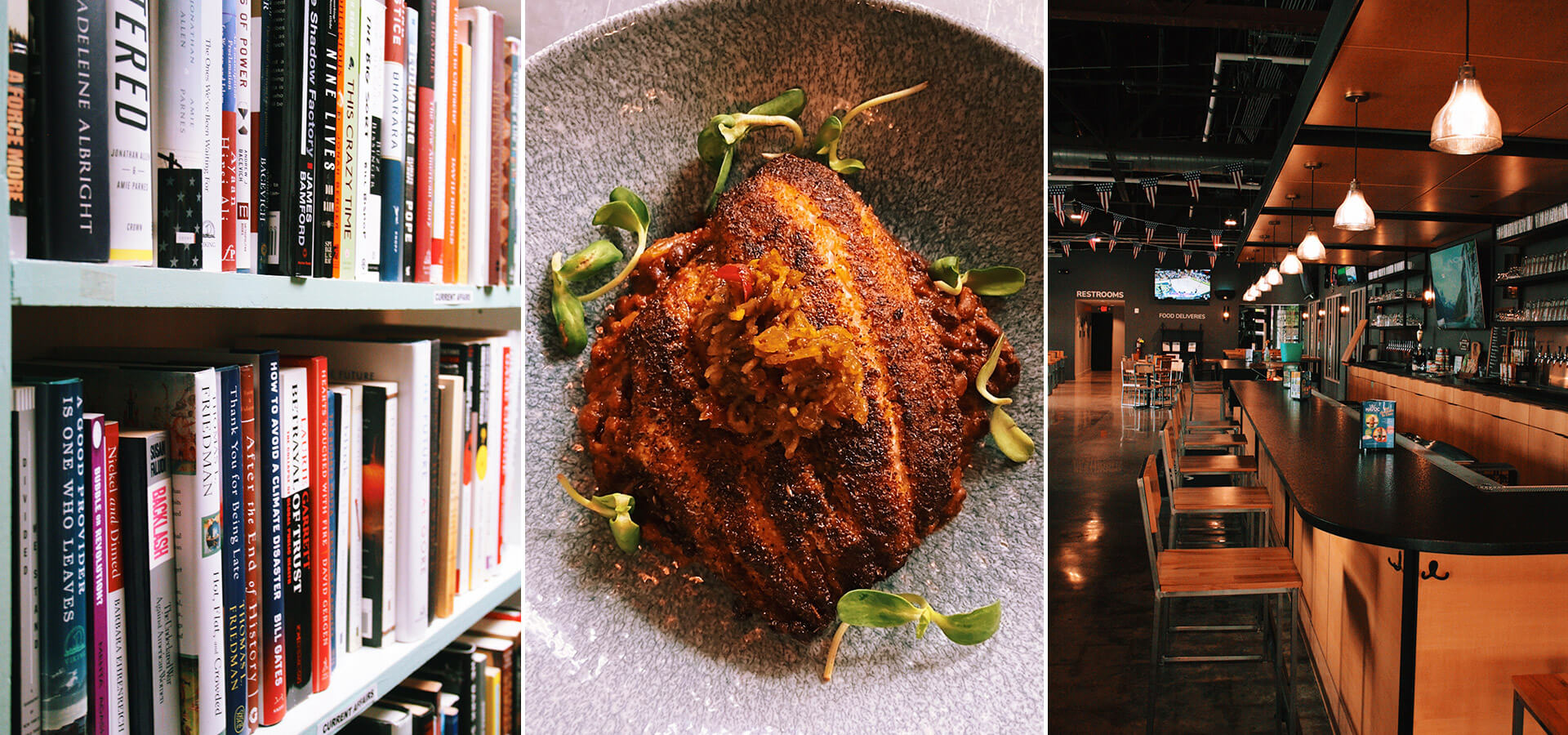 Books, seafood, and interior of Havoc Brewing in Pittsboro, NC