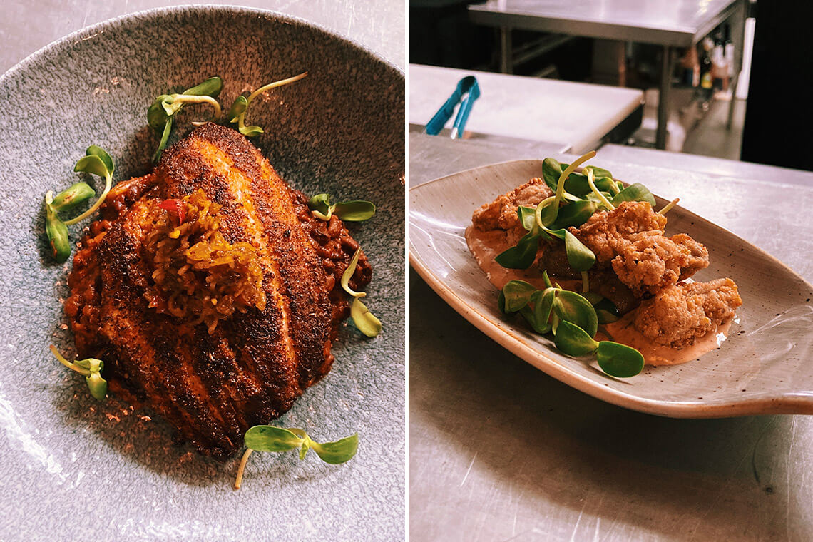 Plates of blackened fish and fried oysters from Postal Fish Company