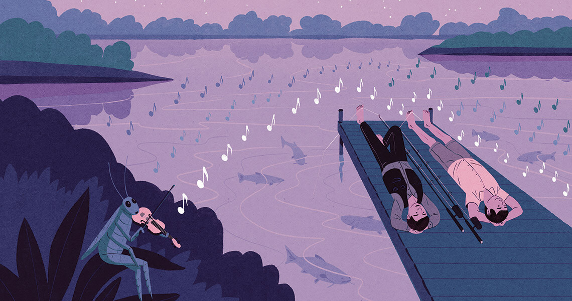 Illustration of people listening to sounds at night