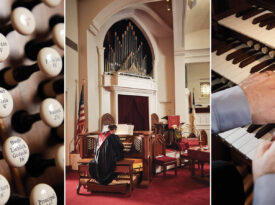 Organ stops and Weil Sawyer playing the organ